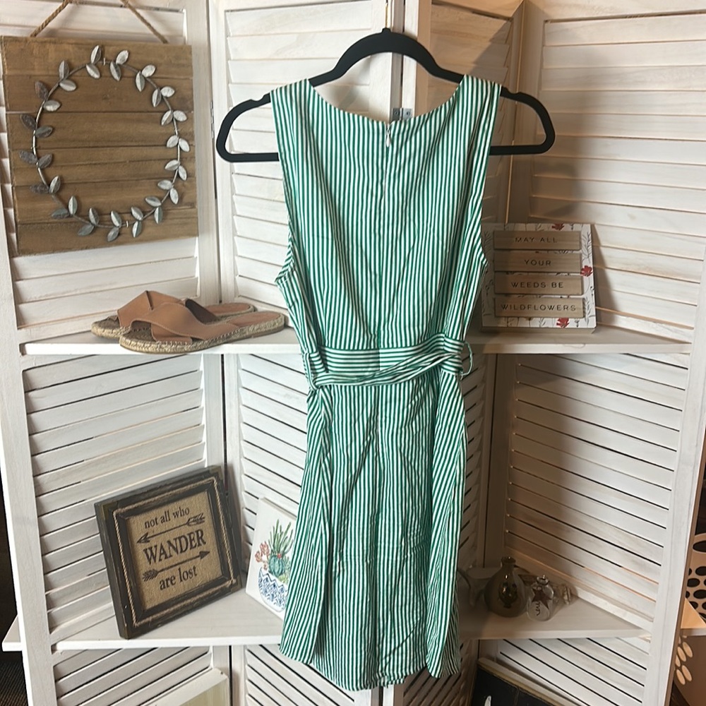 BB Dakota Green and White Striped V Neck Dress With Belt - Picture 5 of 7